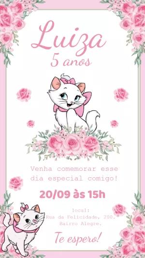 Convite de Aniversário Gatinha Marie Floral Rosa para Editar