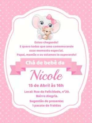 Convite Chá de Bebê Elefantinha Rosa para Editar Online