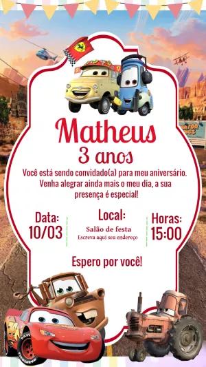 Convite de Aniversário Carros com Relâmpago McQueen para Editar