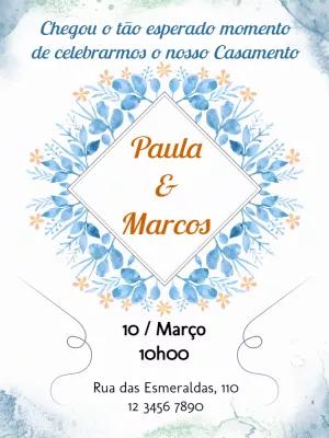 Convite de Casamento Floral Azul Aquarela para Editar Online