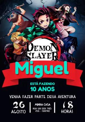Convite de Aniversário Demon Slayer com Personagens para Editar