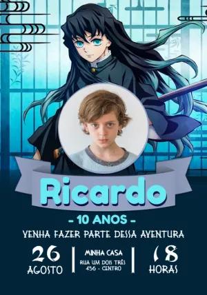Convite Aniversário Demon Slayer Tokito com Foto para Editar
