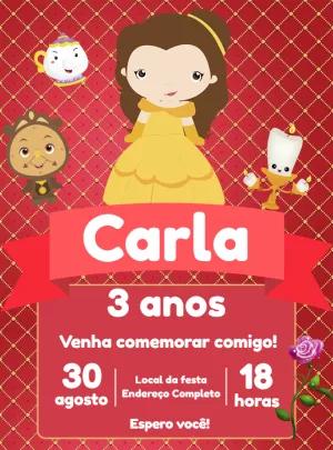 Convite Aniversário A Bela e a Fera Cute para Editar Online