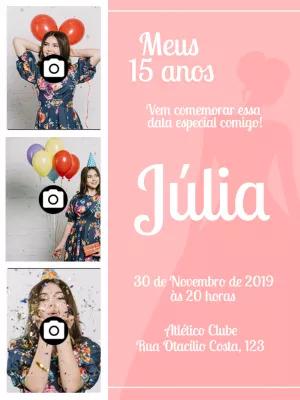 Convite de 15 Anos com 3 Fotos para Editar Online