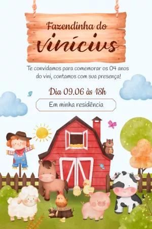 Convite Aniversário Fazendinha Aquarela para Editar Online