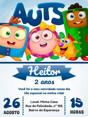Convite Aniversário Auts com Personagens para Editar Online