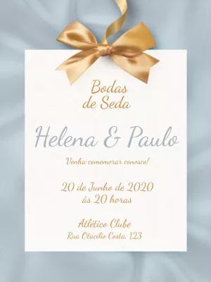 Convite Bodas de Seda com Laço Dourado para Editar Online