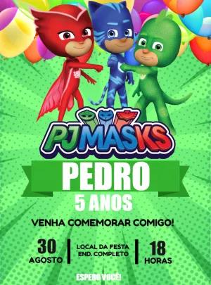 Convite de Aniversário PJ Masks com Personagens para Editar Online