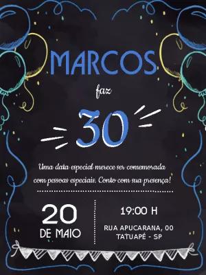 Convite de Aniversário Masculino Estilo Lousa para Editar