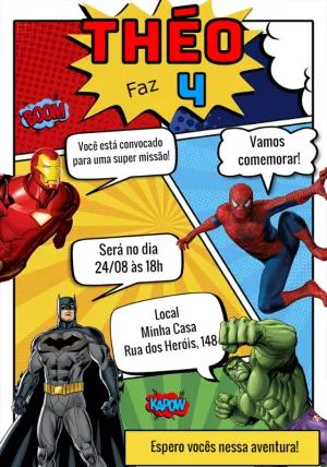 Convite de Aniversário Super-Heróis para Editar Online