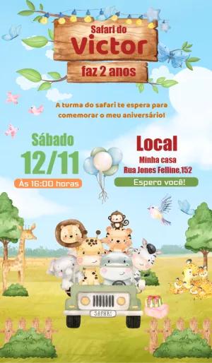 Convite de Aniversário Safari com Animais para Editar Online