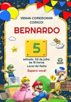 Convite de Aniversário Mario Bros com Personagens para Editar