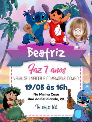 Convite Aniversário Lilo e Stitch com Foto para Editar Online