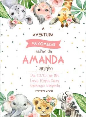 Convite de Aniversário Safari Rosa com Animais para Editar Online