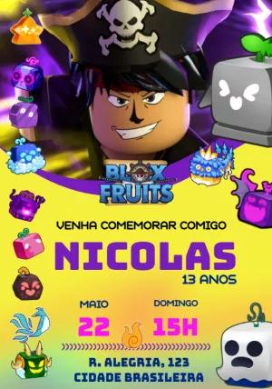Convite de Aniversário Blox Fruits Editável Online para Imprimir