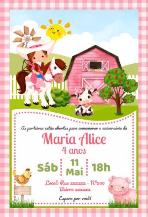 Convite Aniversário Fazendinha Rosa para Menina para Editar