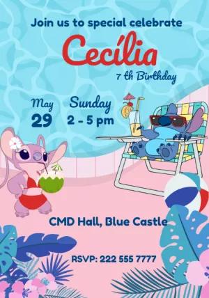 Editable Stitch & Angel Pool Party Birthday Invitation