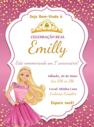 Convite Barbie Princesa com Tiara Dourada para Editar Online