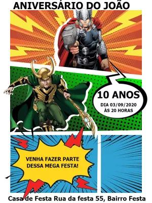 Convite de Aniversário Thor e Loki Estilo Gibi para Editar