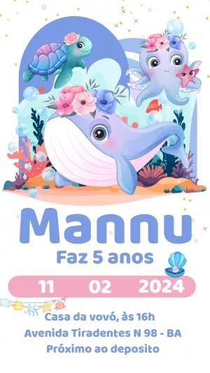 Convite Aniversário Fundo do Mar Menina com Baleia para Editar
