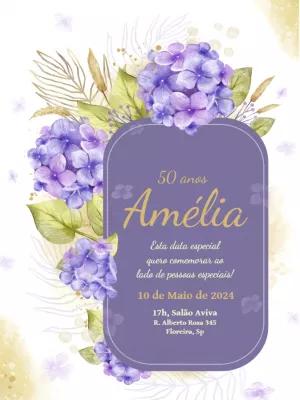 Convite de Aniversário Floral Hortênsia Roxo para Editar Online