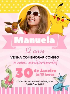 Convite Aniversário Pokémon Rosa com Foto para Editar Online