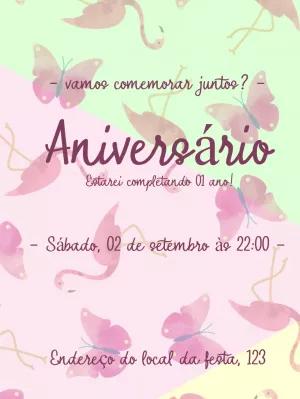 Convite de Aniversário Flamingos e Borboletas para Editar Online