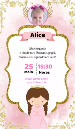 Convite de Batizado Menina Glitter com Foto para Editar Online