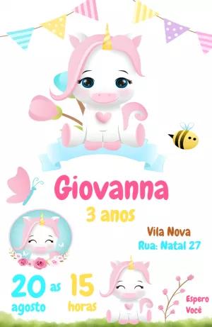 Convite de Aniversário Unicórnio Fofo para Editar Online