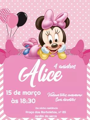 Convite Aniversário Minnie Baby Rosa para Editar Online