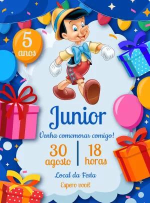 Convite de Aniversário Pinóquio para Editar Online