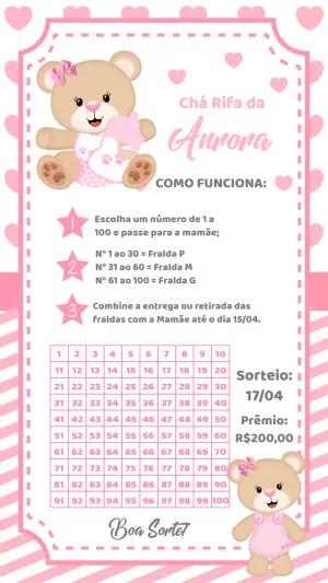 Convite Chá Rifa Ursinha Rosa Editável para Imprimir