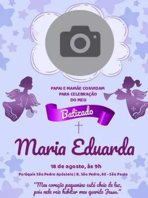 Convite de Batizado Roxo com Foto e Anjos para Editar