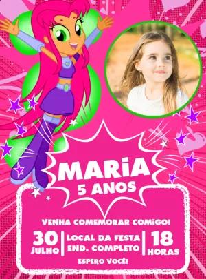 Convite Aniversário Estelar Jovens Titãs com Foto para Editar
