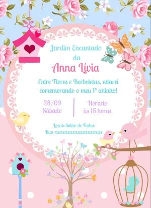 Convite Aniversário Jardim Encantado com Pássaros para Editar
