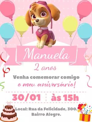 Convite Aniversário Skye Patrulha Canina Rosa para Editar Online