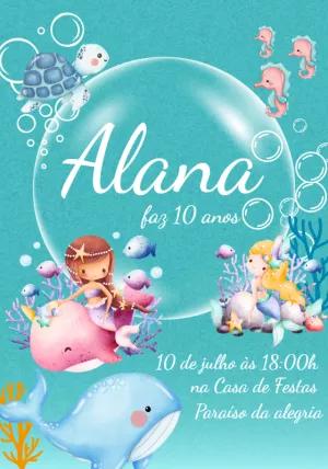Convite de Aniversário Sereia Fundo do Mar para Editar Online