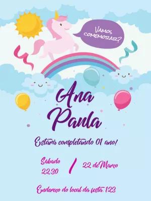Convite de Aniversário Unicórnio Fofo para Editar Online