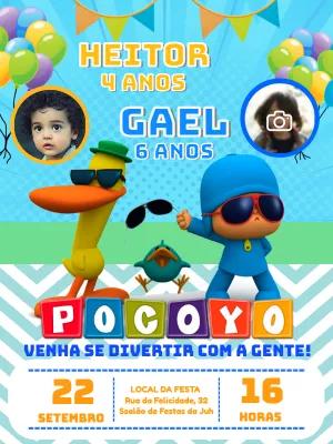 Convite Aniversário Duplo Pocoyo e Pato para Editar Online