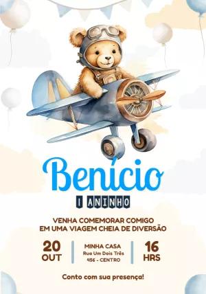 Convite de Aniversário Ursinho Aviador para Editar Online