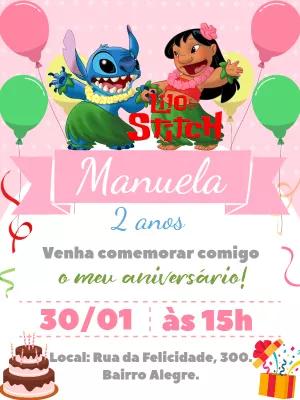Convite de Aniversário Lilo & Stitch Rosa para Editar Online