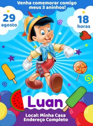 Convite de Aniversário Pinóquio para Editar Online
