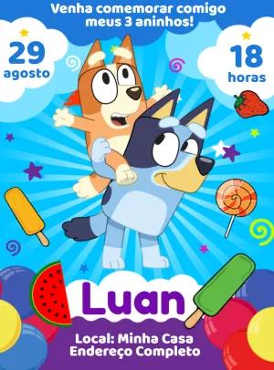 Convite Aniversário Bluey com Personagens para Editar Online