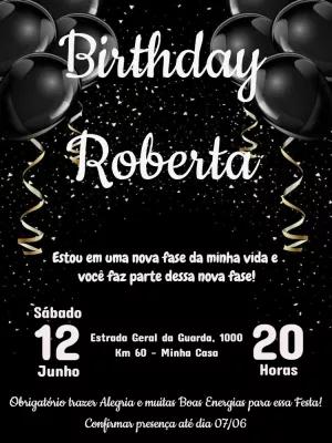 Convite de Aniversário Preto e Dourado com Balões para Editar