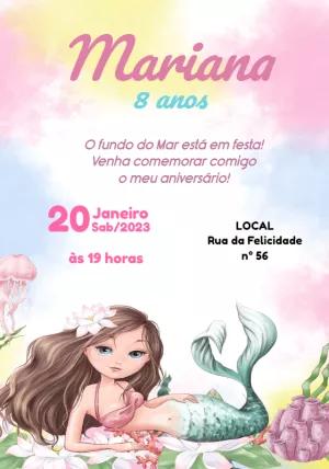 Convite de Aniversário Sereia Aquarela para Editar Online