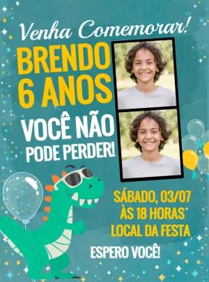 Convite Aniversário Dinossauro com Foto para Editar Online