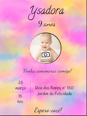 Convite de Aniversário Tie Dye com Foto para Editar Online