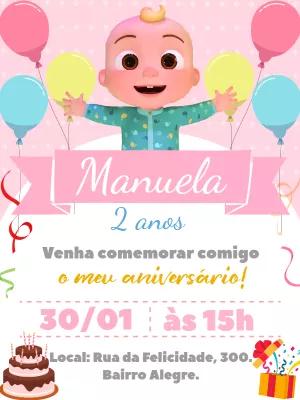Convite Aniversário Cocomelon Rosa para Editar Online