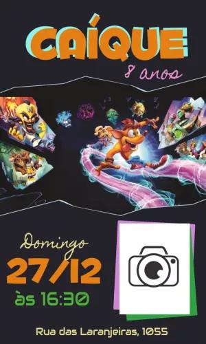Convite Aniversário Crash Bandicoot com Foto para Editar Online