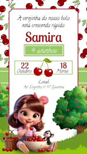 Convite de Aniversário Tema Cerejinha para Menina para Editar